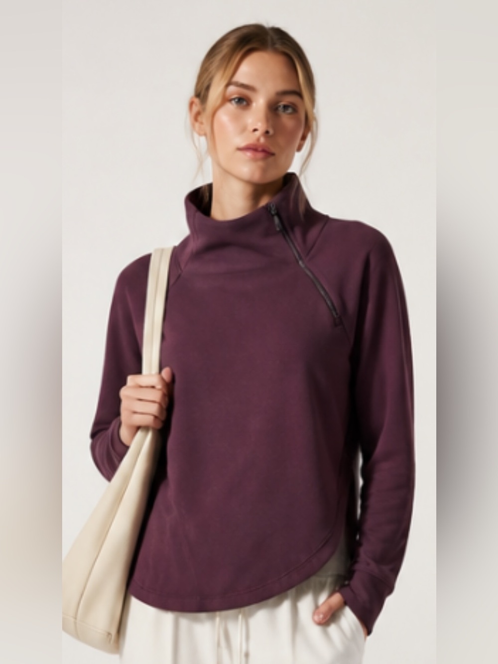 ATHLETA Cozy Karma Pullover Sweatshirt Maroon Wrap Asymmetrical Thumb Small